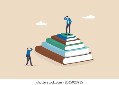 Education inequity, academic degree or institution bias, imbalance or chance or access to knowledge, school dropout concept, success young man on top of stack of textbooks look at other on the floor.