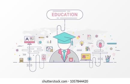 Education info graphic concept. Student and school icons on world map background created by the vector. Flat line style in soft color tone.