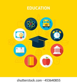 Education Infographic Concept. Vector Illustration of School and Science Infographics Circle with Graduation Cap and Circle Icons. Flat Design and Outline.