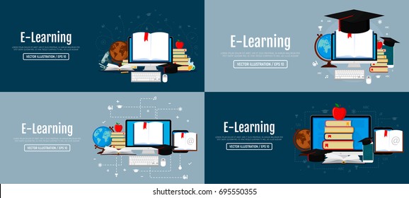 Education infographic concepts. Set of web banners. Books, globe, microscope, test tubes, academic cap. Vector illustration. Flat design. EPS 10.