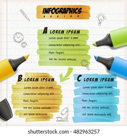 Diseño de infografía de educación, dibujo de resaltador de colores en papel de papel