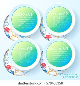 Education infographic design concept with text four cut out round holes and colorful paper circles vector illustration