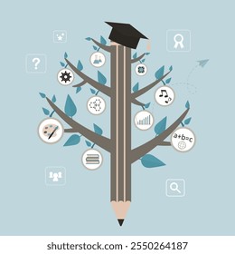 Educação infográfico design com lápis árvore e elementos. Árvore do conhecimento, conceito de ciências da aprendizagem. Matérias da escola e chapéu de formatura. Lápis com conjunto de ícones de educação e ciência. vetor