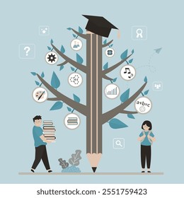 Educação infográfico design com lápis árvore e elementos. Árvore do conhecimento, processo de aprendizagem, crianças estudantes. Matérias da escola e chapéu de formatura. Lápis com conjunto de ícones de educação e ciência.