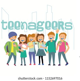 Education infographic design, students standing on front of city. Higher education design concept set with flat diploma and examination icons isolated vector illustration. Contains abstract