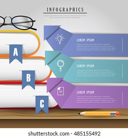 Education infographic design, textbooks with bookmark on wooden table, paper arrow sign with icons
