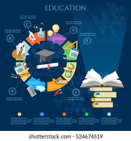 Education infographic diagram, open book of knowledge, back to school vector template. Time to education. 