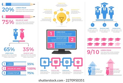 Elementos de infografía de educación - diagramas, estadísticas, porcentajes - conjunto de plantillas con iconos de estudiantes, vectores eps10 ilustración