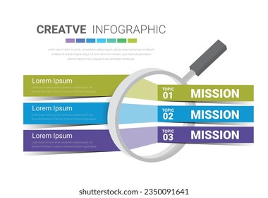 Infografía educativa con elemento de lupa. Presentación 3 pasos diseño de plantilla, plantilla de vector colorido para presentación y entrenamiento. ilustración vectorial.