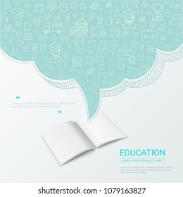 Education infographic with open book and hand drawn doodle school icons. For website banner, printing design, presentation. Minimal design vector illustration.
