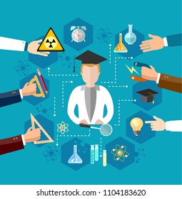 Education infographic, open book of knowledge, back to school elements, different educational supplies