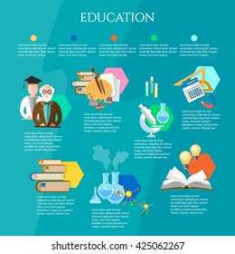 Education infographic open book of knowledge professor and student learning exams teacher school college university education vector illustration 
