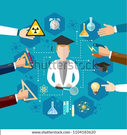 Education infographic, open book of knowledge, back to school elements, different educational supplies