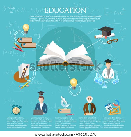 Education infographic open book of knowledge professor and student learning elements of infographics education vector illustration 