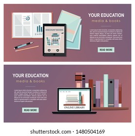 Education infographic with pile of books, tablet and laptop. School accessories. Back to school. Web banners