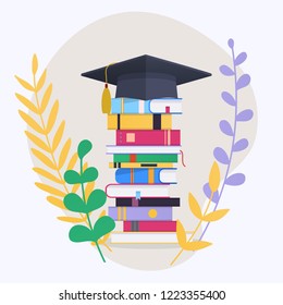 Education infographic with pile of school books. Vector illustration.