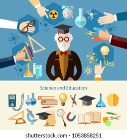 Education infographic. Professor in a school. Open book of knowledge, back to school. Education infographic elements, effective modern education template design