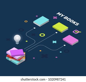 Education infographic scheme and element. Vector creative color illustration of isometric stack of books with light bulb. 3d style design of book for web, site, banner