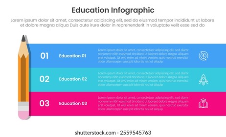 education infographic template banner with standing pencil and long block rectangle container box with 3 point for slide presentation vector