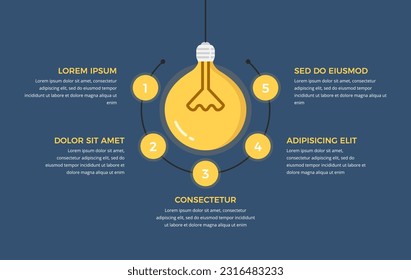 Plantilla infográfica de educación con bombilla y cinco círculos alrededor de ella con números y lugar para su texto, vector eps10 ilustración