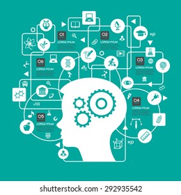 Education infographic Template. Concept education. Flat linear Infographic Education. Silhouette of child head surrounded by icons of education, geometric figures, text.