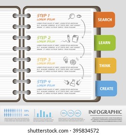 education infographic template design with notebook and tags