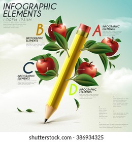 education infographic template design with pencil and apple elements