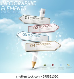 Education Infographic Template Design With Pencil And Road Sign Elements