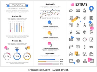 Education infographic template, elements and icons. Infograph includes customizable graphs, four options, line icon set with education certificate, university student, books, college diploma etc.