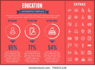 Education Infographic Template, Elements And Icons. Infograph Includes Customizable Graphs, Three Options, Line Icon Set With Education Certificate, University Student, Books, College Diploma Etc.