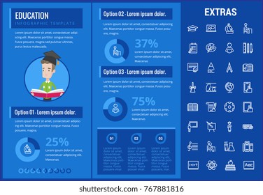 Education infographic template, elements and icons. Infograph includes customizable graphs, charts, line icon set with education certificate, university student, library books, college diploma etc.