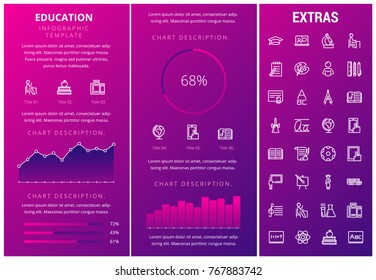 Education infographic template, elements and icons. Infograph includes customizable graphs, charts, line icon set with education certificate, university student, library books, college diploma etc.