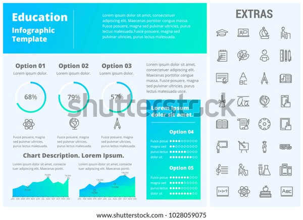 Education infographic template, elements and icons.\
Infograph includes customizable graphs, three options, line icon\
set with education certificate, university student, books, college\
diploma etc.