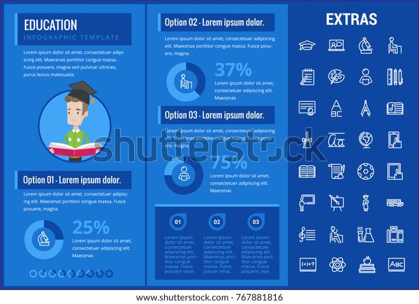 Education infographic template, elements and icons.\
Infograph includes customizable graphs, charts, line icon set with\
education certificate, university student, library books, college\
diploma etc.