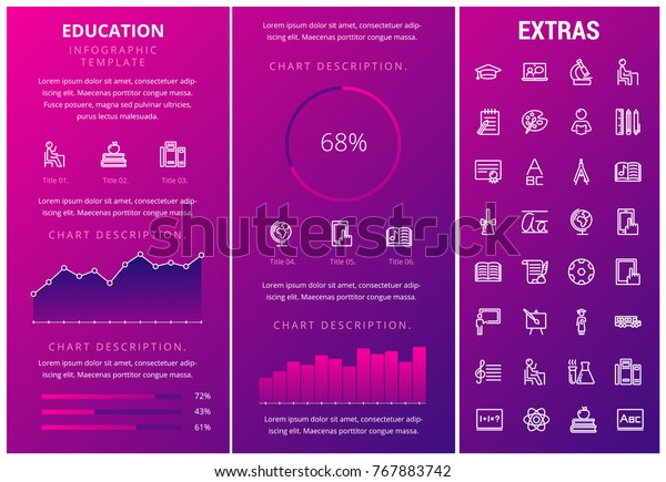Education infographic template, elements and icons.
Infograph includes customizable graphs, charts, line icon set with
education certificate, university student, library books, college
diploma etc.