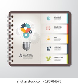 Education Infographic Template With Light Bulbs Gear Banner On Paper Book. Concept Vector Illustration 