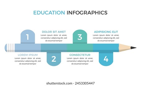 Educación infográfica Plantilla con lápiz dividido en cuatro partes con lugar para números y texto, Vector eps10 ilustración