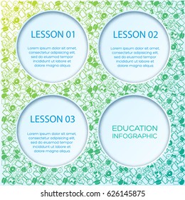 Education infographic template with text four cut paper circles and colorful school icons background vector illustration