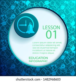 Education infographic template with text gray circle alarm bell and school icons background vector illustration