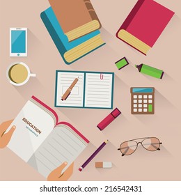 Education infographics with books, notebook, pen, pencil, markers, glasses, calculator, eraser, cellphone and cup of coffee.