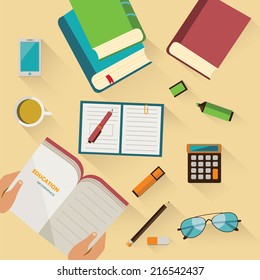 Education infographics with books, notebook, pen, pencil, markers, glasses, calculator, eraser, cellphone and cup of coffee.