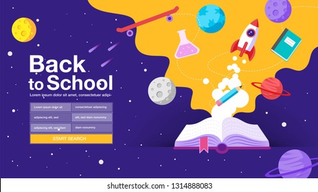 Education infographics open book of knowledge, back to school , galaxy , web banner, poster, flat design colorful, vector
