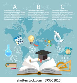 Education Infographics Open Book Of Knowledge On World Map Background 