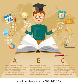 Infografías de la educación: conocimiento libre de libros de vuelta a los estudiantes escolares que estudian ilustración vectorial
