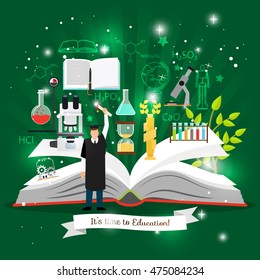 Education infographics with open book of knowledge elements for back to school background. Vector illustration
