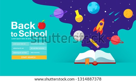 Education infographics open book of knowledge, back to school , galaxy , web banner, poster, flat design colorful, vector