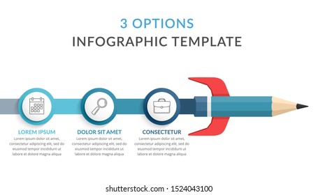 Education infographics, pencil as rocket and line with 3 elements for your icons and text, vector eps10 illustration