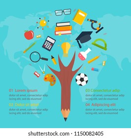 Education infographics with pencil tree and supplies icons over world map. Back to school vector illustration