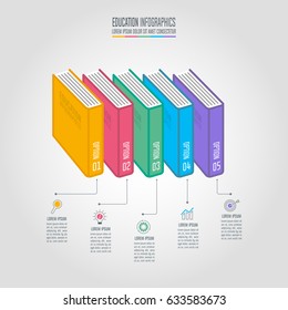 Education infographics template 5 step option. Books with timeline infographic design vector and marketing icons for presentation, workflow layout, diagram, annual report, web design. 
