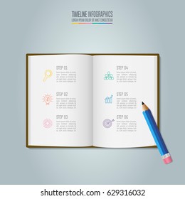 Education infographics template 6 step option. Timeline infographic design vector and marketing icons for presentation, workflow layout, diagram, annual report, web design. 